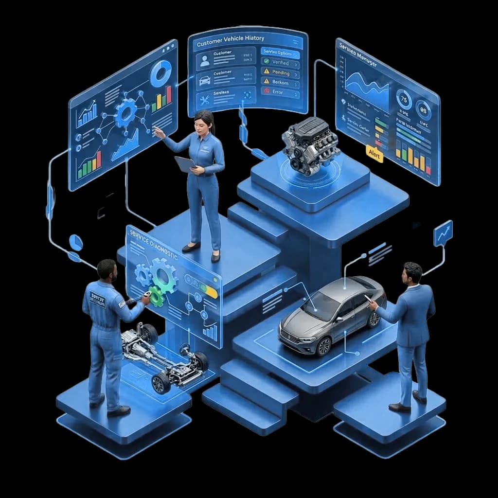 SynaNoteAI illustration of automotive technicians with a vehicle, engine, and digital service dashboards